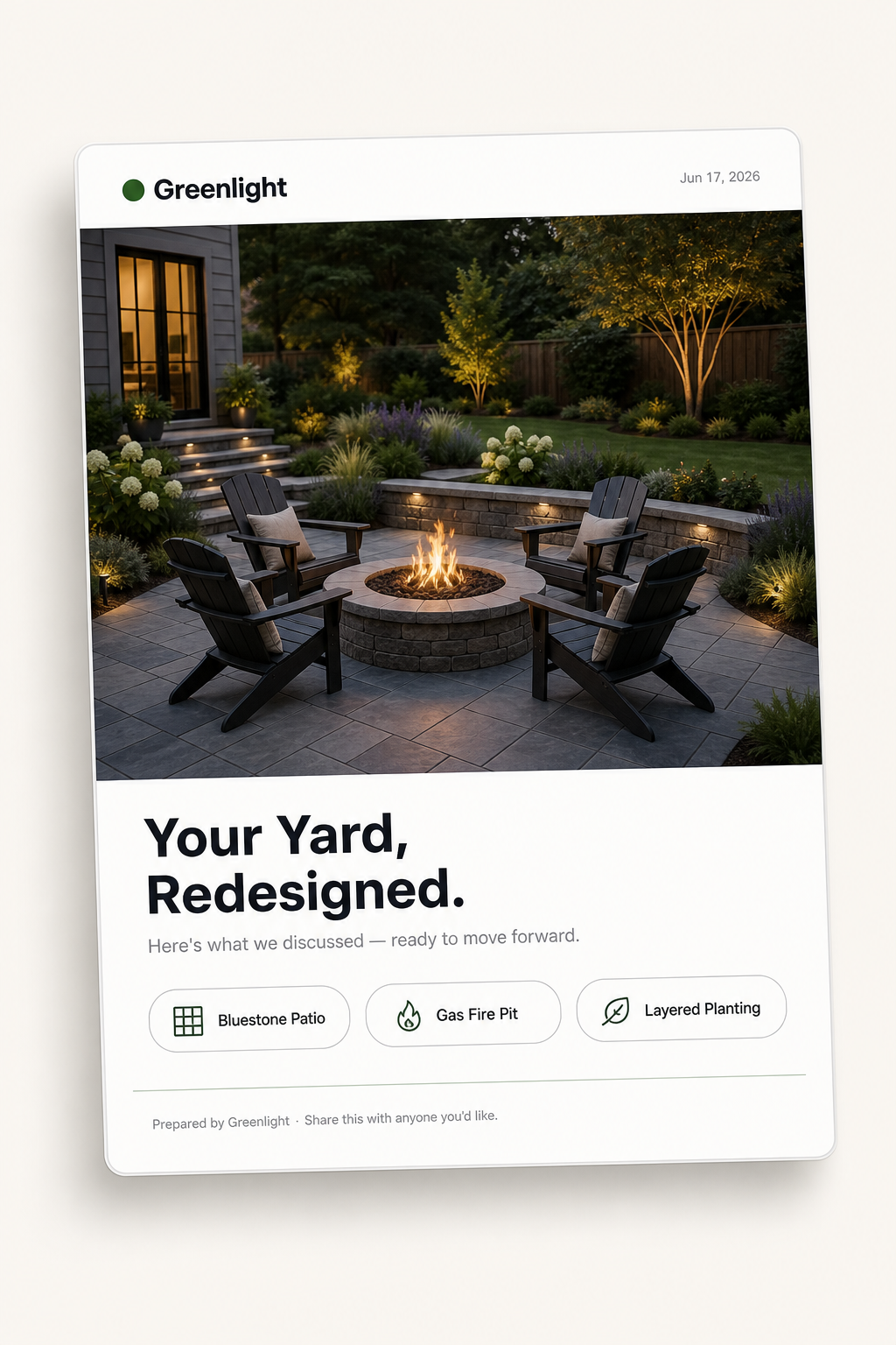 A premium single-page Greenlight leave-behind document showing the agreed yard design, feature callouts, and a footer — ready to share with the homeowner.