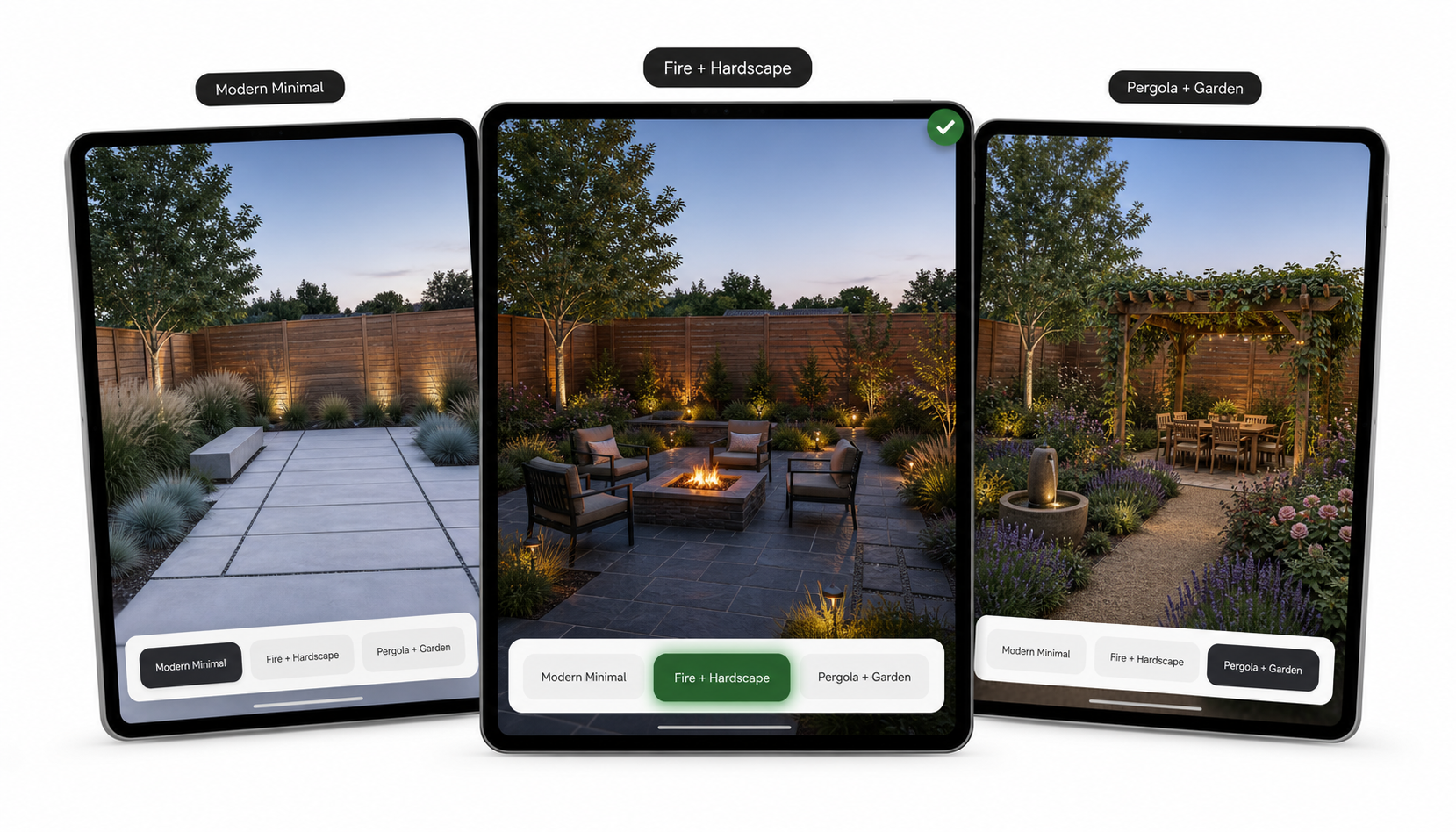 Three iPads side by side each showing the same backyard redesigned in a different style: Modern Minimal, Fire + Hardscape, and Pergola + Garden.