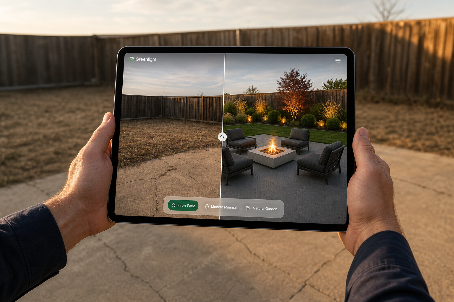 A landscape contractor holds an iPad showing a live before/after split of a backyard transformation — bare yard on the left, fully rendered patio and fire pit on the right.