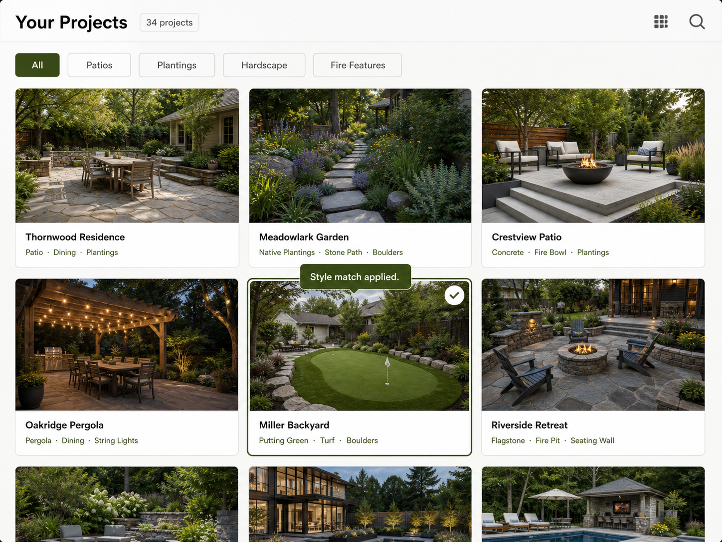 The Greenlight app project library showing a grid of completed landscape projects with name, tags, and a highlighted style match.