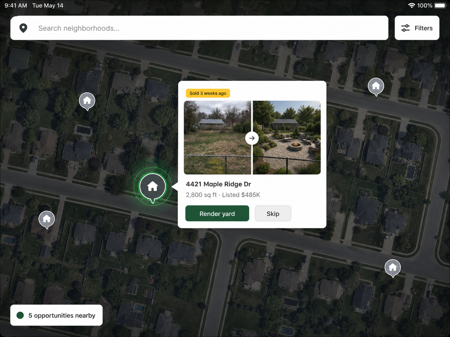 A dark aerial map view showing a suburban neighborhood with house pins. An expanded card shows a before/after yard comparison for a recently sold home with a Render yard button.