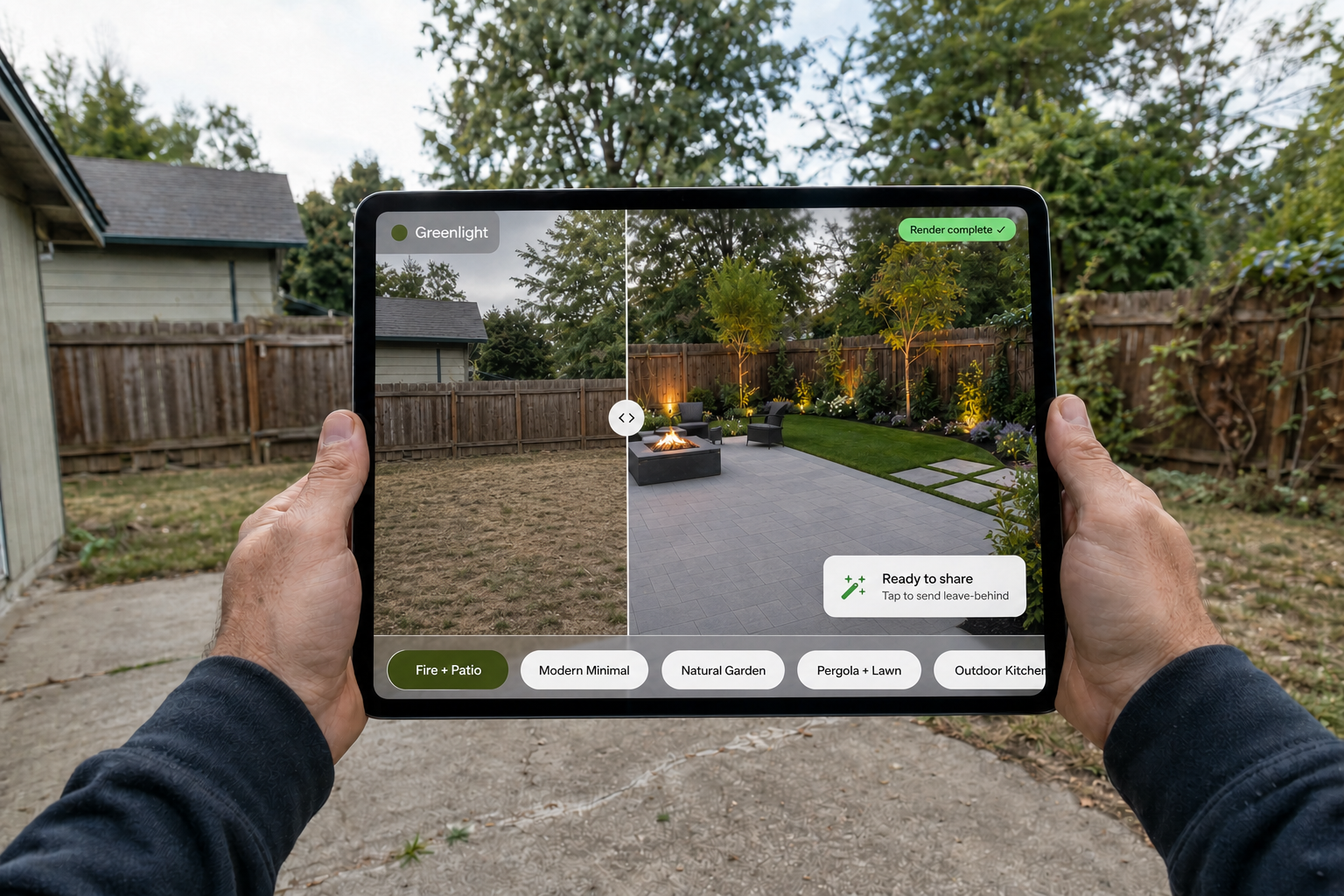 A contractor holds an iPad in a bare suburban backyard. The iPad screen shows a split view: the raw yard on the left and a photoreal AI render of the same yard redesigned — paver patio, fire pit, and lush plantings — on the right.